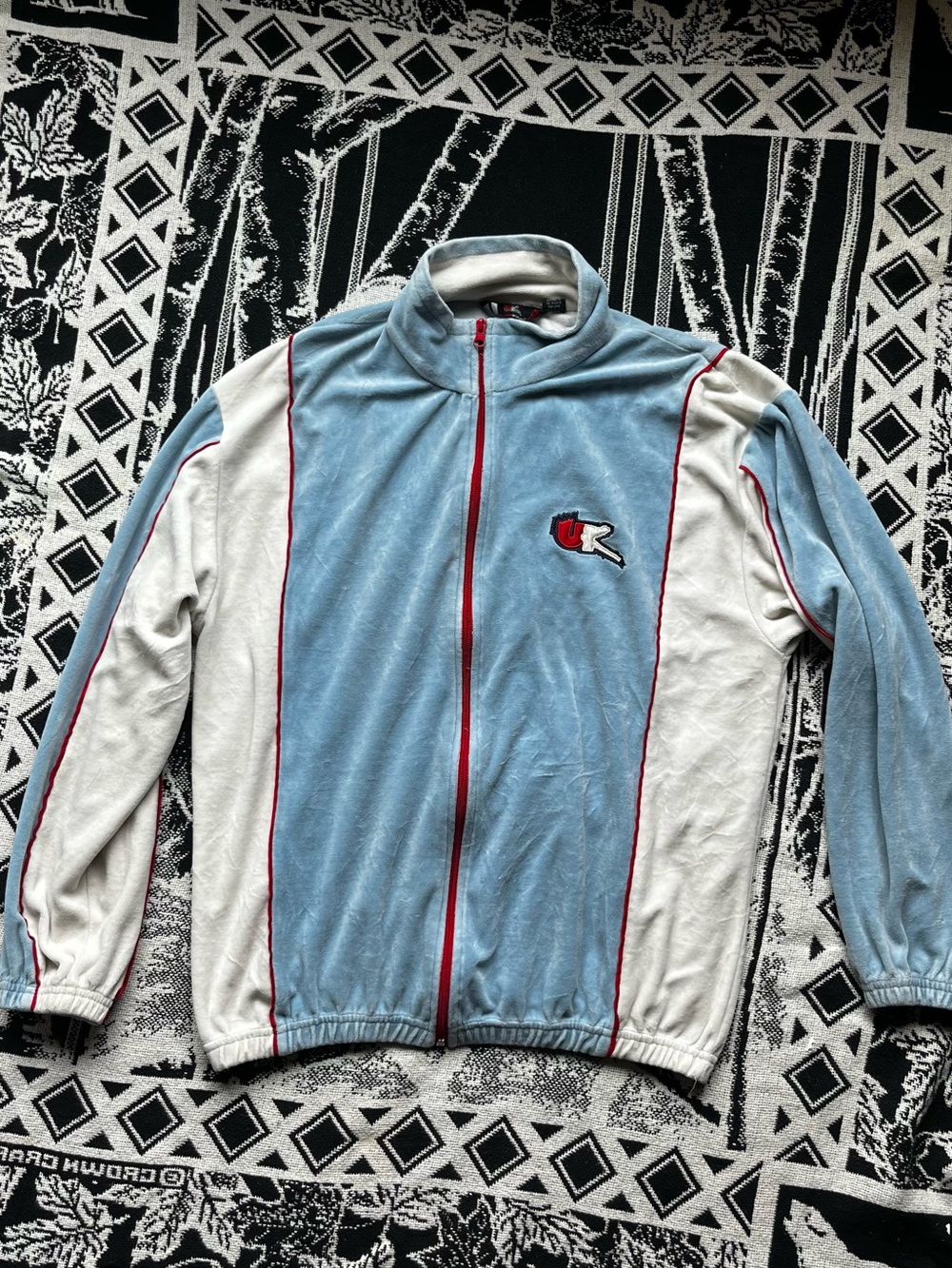 & Other Stories Light Blue and White Zip-Up Bomber Jacket with Red Trim